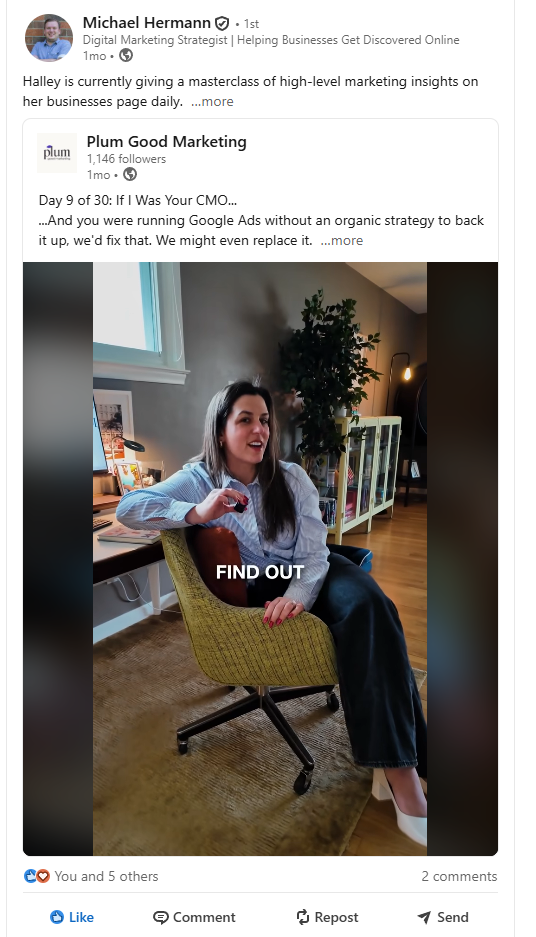 LinkedIn comment praising the daily If I Was Your CMO video series