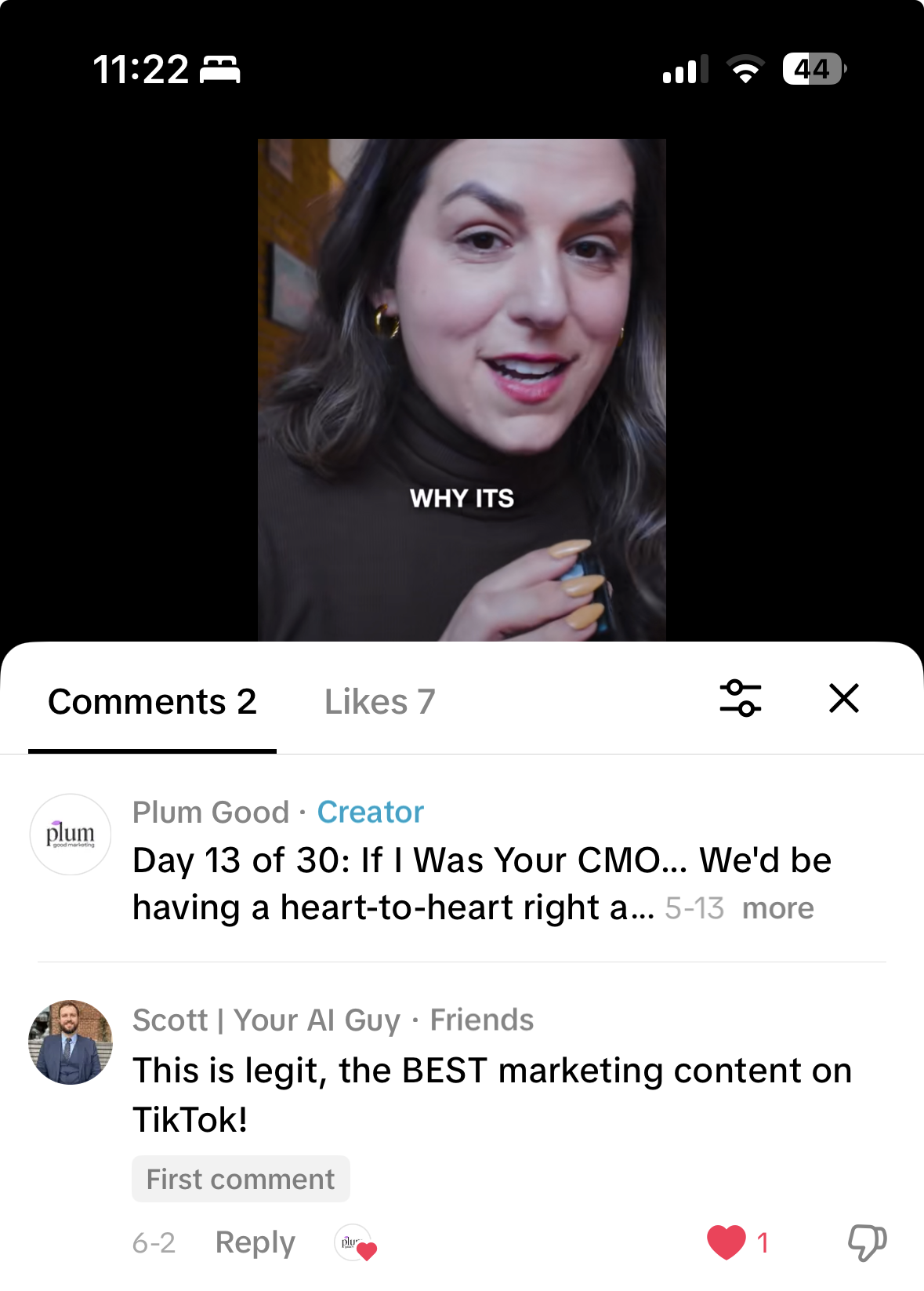 Comment on a Plum Good Marketing video calling it the best marketing content on TikTok
